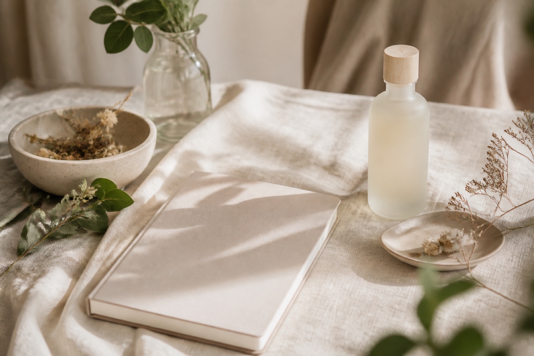VELCILA botanical workspace with linen and herbs