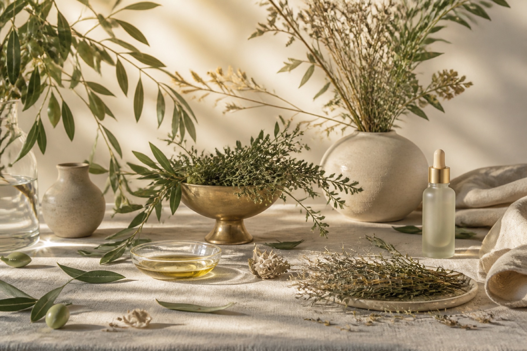Botanical ingredients and VELCILA serum on cream linen