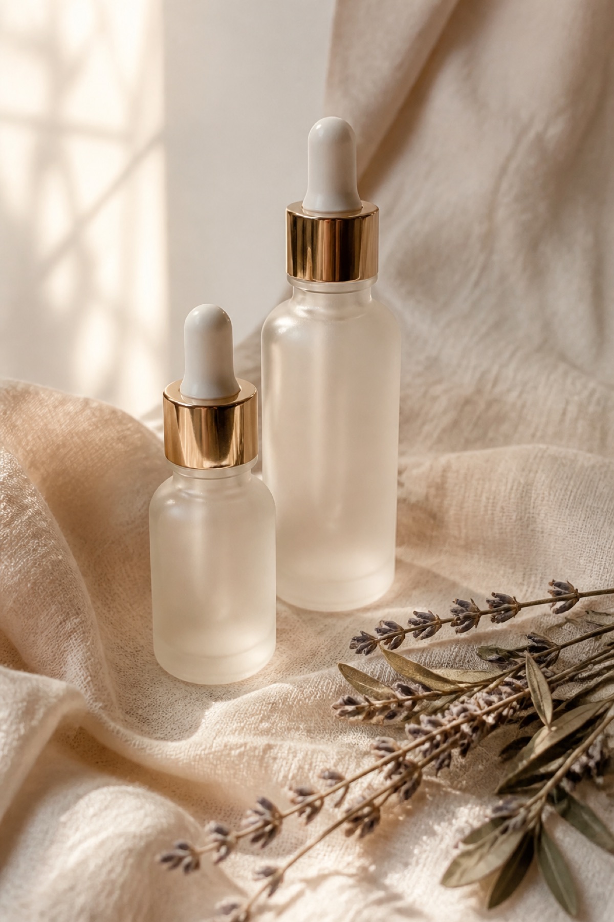 VELCILA lash and brow care bottles on cream linen